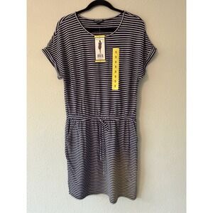Hilary Radley Ladies' Short Sleeve Dress Elastic Tie Waist Navy Blue Striped